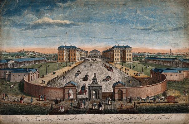  The Foundling Hospital, Holborn, London. Colored engraving by T. Bowles after L. P. Boitard, 1753 via Wikimedia, Public Domain.