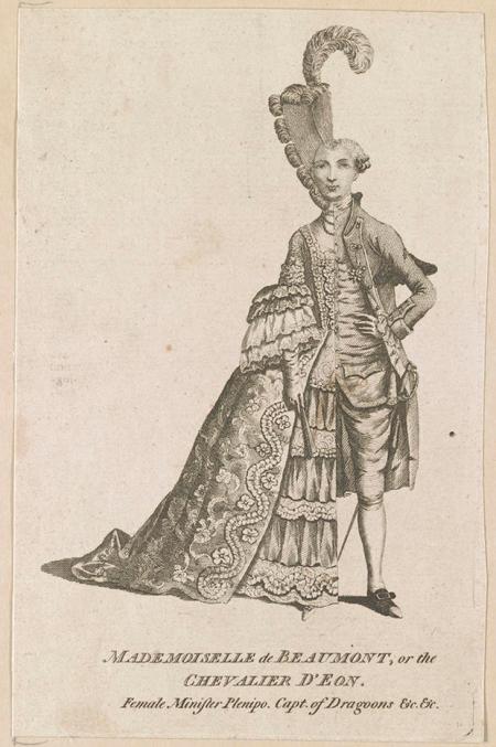 Anonymous engraving of the Mademoiselle de Beaumont or The Chevalier D'Eon.  Orig. in the London Magazine, via Library of Congress, Public Domain